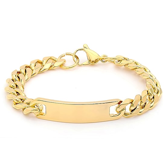 Steeltime Mens 18K Gold Over Stainless Steel Solid Curb Id Bracelet
