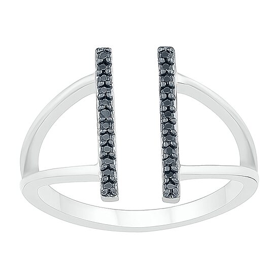 Midnight Black Open Edge Double Bar Womens 1/8 CT. T.W. Natural Black Diamond Sterling Silver Bar Cocktail Ring