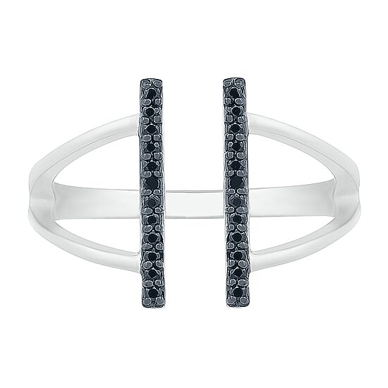 Midnight Black Open Edge Double Bar Womens 1/8 CT. T.W. Natural Black Diamond Sterling Silver Bar Cocktail Ring