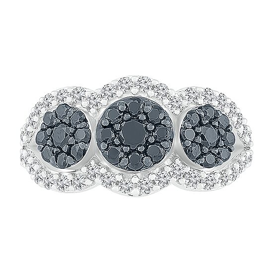 Womens 1 CT. T.W. Natural Black Diamond Sterling Silver Round Halo Cocktail Ring
