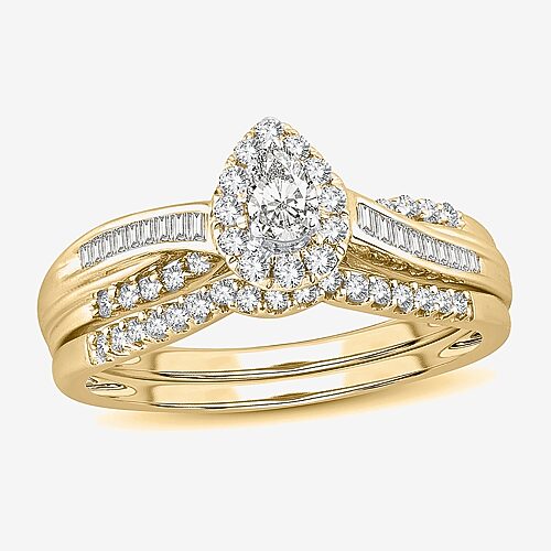 Womens 1/2 CT. T.W. Natural White Diamond 10K Gold Pear Side Stone Halo Bridal Set, 9, Yellow