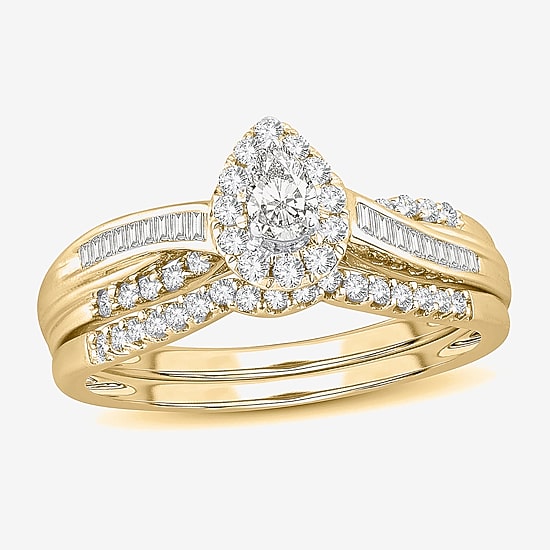 Womens 1/2 CT. T.W. Natural White Diamond 10K Gold Pear Side Stone Halo Bridal Set