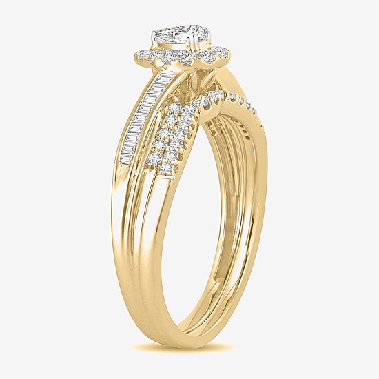 Womens 1/2 CT. T.W. Natural White Diamond 10K Gold Pear Side Stone Halo Bridal Set