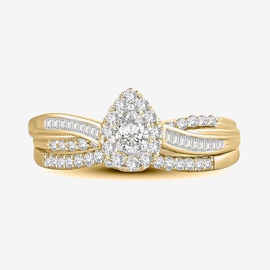 Womens 1/2 CT. T.W. Natural White Diamond 10K Gold Pear Side Stone Halo Bridal Set
