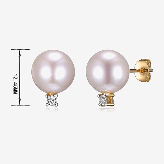Diamond Accent White Cultured Freshwater Pearl 18K Gold Over Silver 12.7mm Ball Stud Earrings