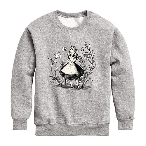 Disney Collection Little & Big Kid Girls Crew Neck Long Sleeve Alice in Wonderland Sweatshirt, X-large, Gray
