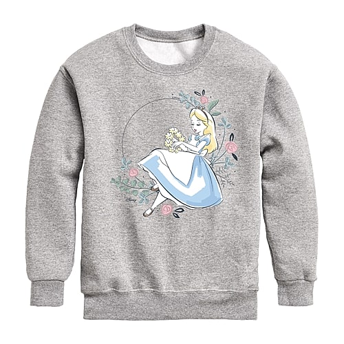 Disney Collection Little & Big Kid Girls Crew Neck Long Sleeve Alice in Wonderland Sweatshirt, X-large, Gray