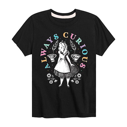 Disney Collection Little & Big Kid Girls Crew Neck Short Sleeve Regular Fit Alice in Wonderland Graphic T-Shirt, X-large, Black