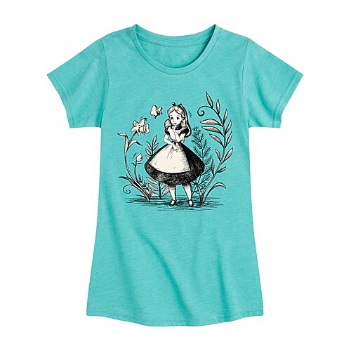 Disney Collection Little & Big Kid Girls Crew Neck Short Sleeve Regular Fit Alice in Wonderland Graphic T-Shirt, Small, Blue