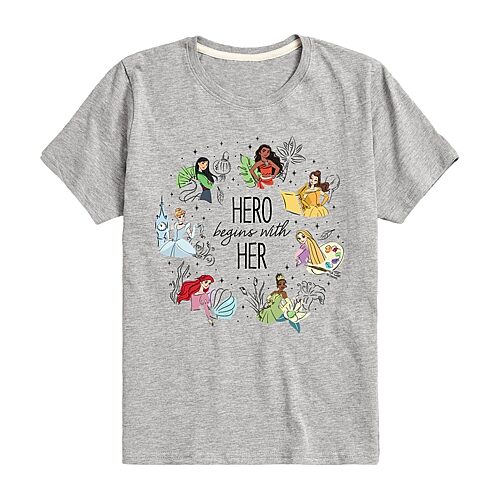 Disney Collection Little & Big Kid Girls Crew Neck Short Sleeve Regular Fit Ariel Cinderella Princess Graphic T-Shirt, X-large, Gray