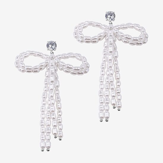 Bijoux Bar Silver Tone Womens Glass Simulated Pearl Bow Drop Earrings