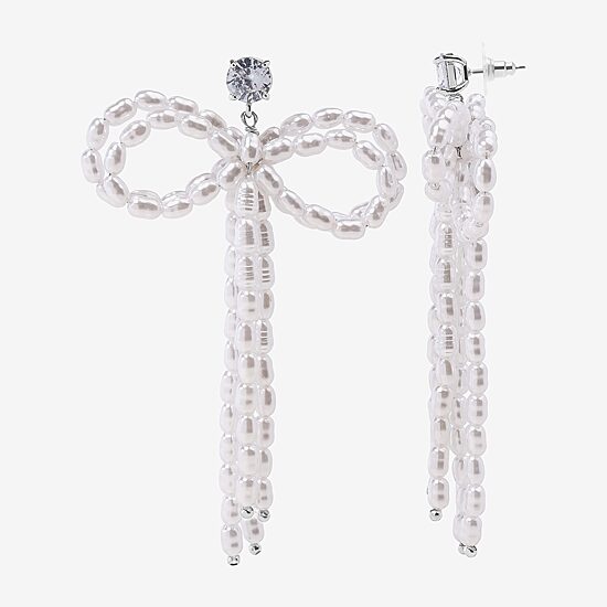 Bijoux Bar Silver Tone Womens Glass Simulated Pearl Bow Drop Earrings