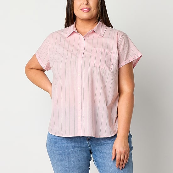 St. John's Bay Womens Short Sleeve Regular Fit Plus Button-Down Shirt