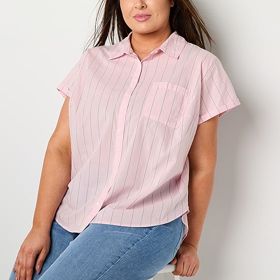 St. John's Bay Womens Short Sleeve Regular Fit Plus Button-Down Shirt