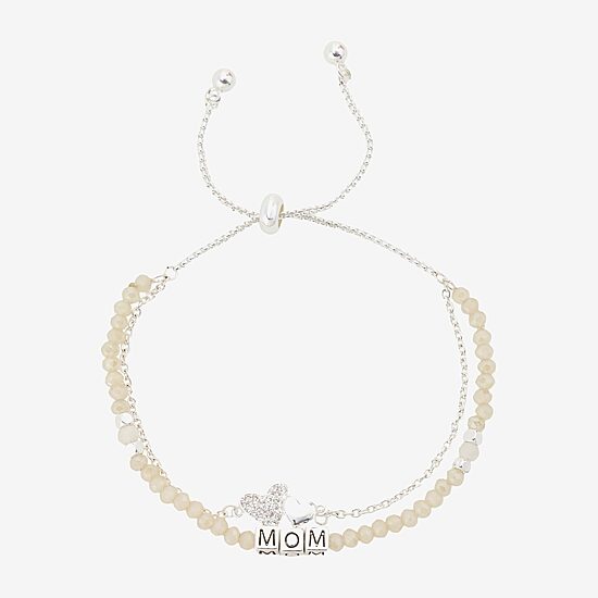 Footnotes Mom Womens White Glass Heart Bolo Bracelet