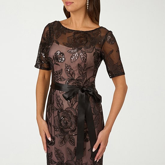 Papell Boutique Womens Boat Neck Short Sleeve Evening Gown
