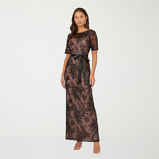 Papell Boutique Womens Boat Neck Short Sleeve Evening Gown