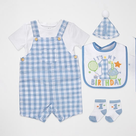 Baby Essentials First Birthday Baby Boys Seersucker 5-pc. Shortall Set
