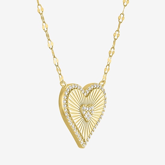 Womens Lab Created White Sapphire 14K Gold Over Silver Heart 16 Inch Pendant Necklace
