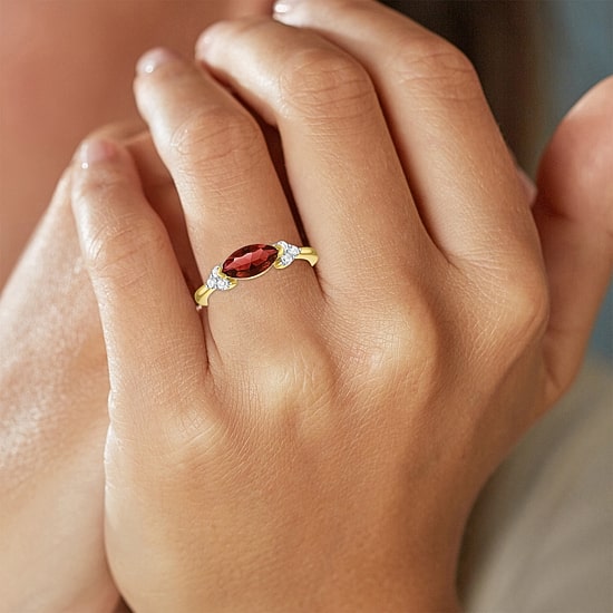 Womens Genuine Red Garnet 14K Gold Over Silver Marquise Side Stone Cocktail Ring