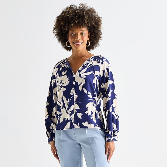 Worthington Womens Split Tie Neck Long Sleeve Blouse