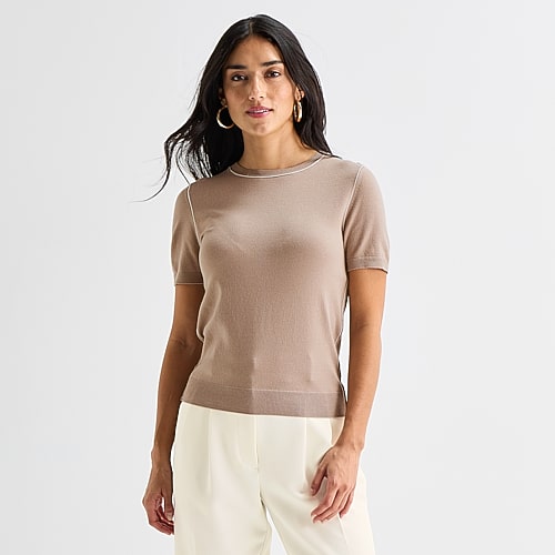 Worthington Womens Crew Neck Short Sleeve Pullover Sweater In Brown