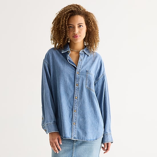 a.n.a Womens Cuffed Long Sleeve Oversized Button-Down Shirt
