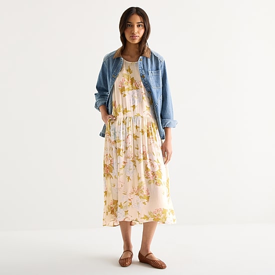 a.n.a Womens Sleeveless U Neck Floral Midi Drop Waist Dress