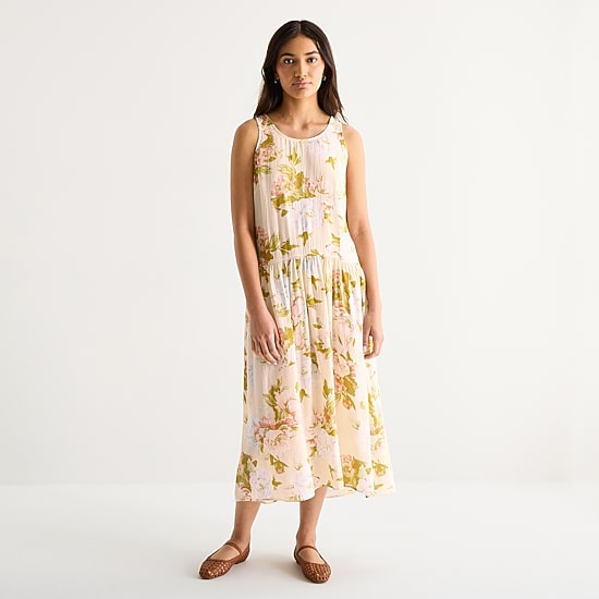 a.n.a Womens Sleeveless U Neck Floral Midi Drop Waist Dress