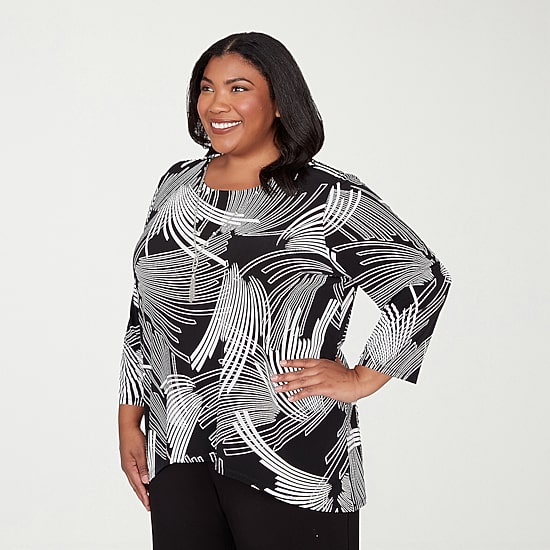 Alfred Dunner Classics Womens Plus Crew Neck 3/4 Sleeve T-Shirt