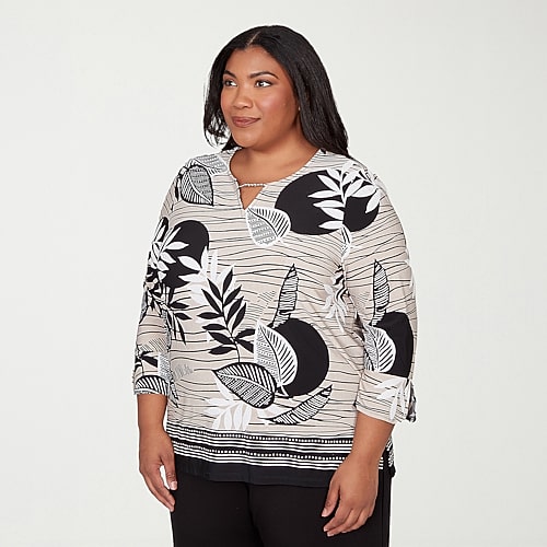 Alfred Dunner Classics Womens Plus Crew Neck 3/4 Sleeve T-Shirt, 2x, Black