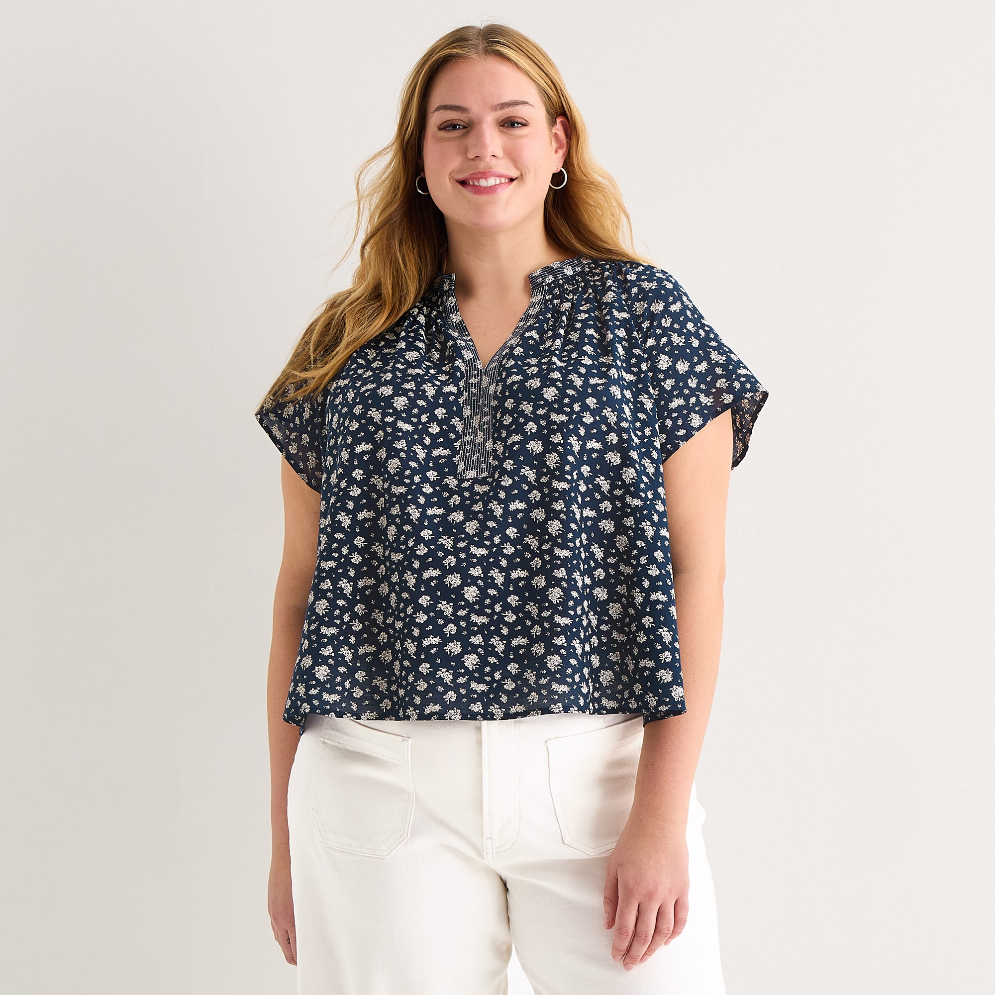 a.n.a Womens Plus Split Crew Neck Short Sleeve Blouse