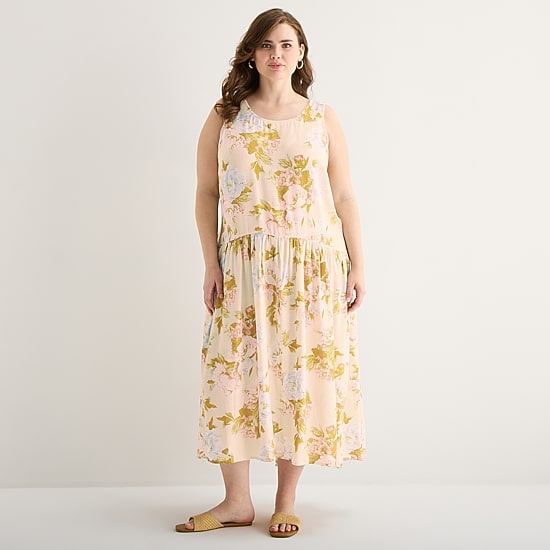 A.N.A Womens Plus Sleeveless Round Neck Floral Midi Drop Waist Dress