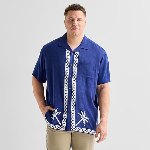 St. John's Bay Button-Down Mens Short Sleeve Big and Tall Camp Shirt, 4x-large Tall, Blue