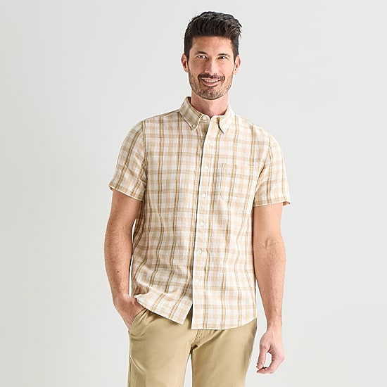 St. John's Bay Texture Gingham Mens Short Sleeve Classic Fit Button-Down Shirt