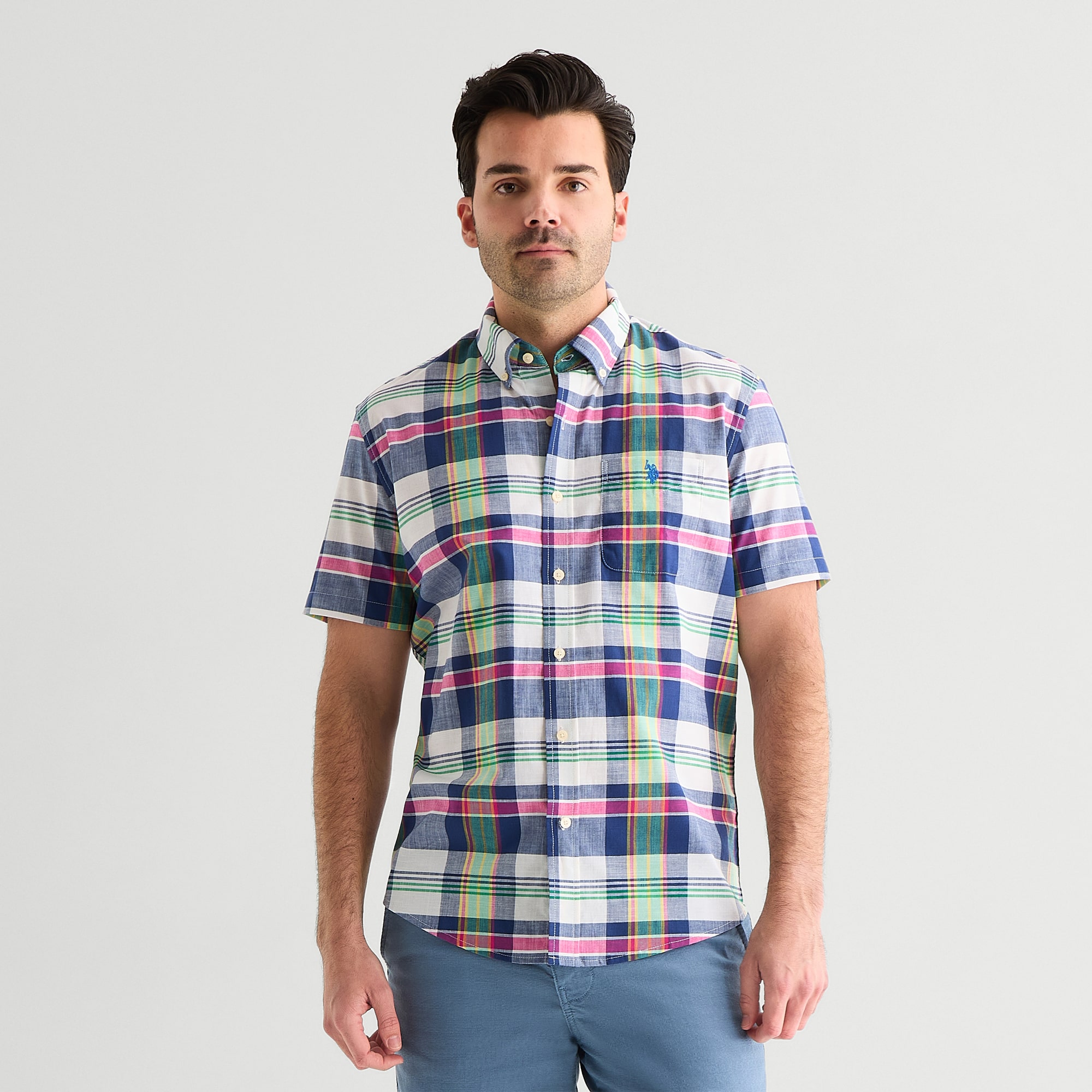 U.S. Polo Assn. Plaid Mens Short Sleeve Classic Fit Stretch Fabric Button-Down Shirt