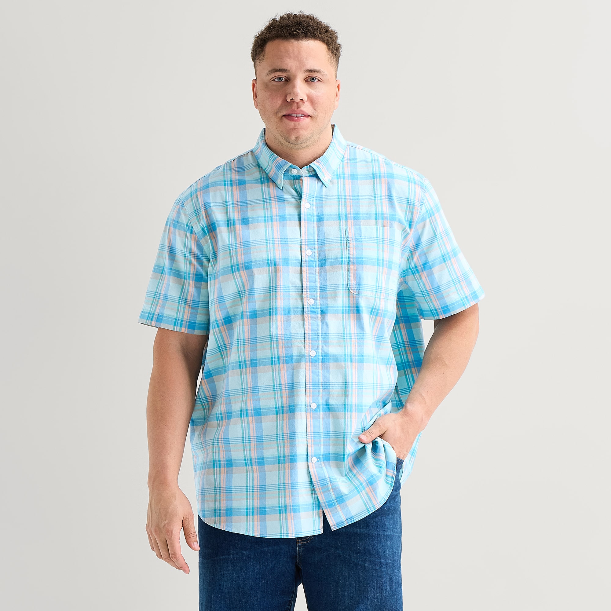 St. John's Bay Everyday Stretch Mens Short Sleeve Classic Fit Big and Tall Button-Down Shirt
