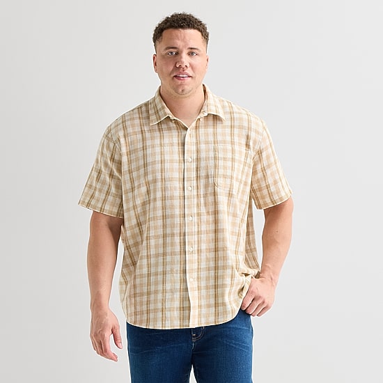 St. John's Bay Textured Gingham Mens Short Sleeve Classic Fit Big and Tall Button-Down Shirt