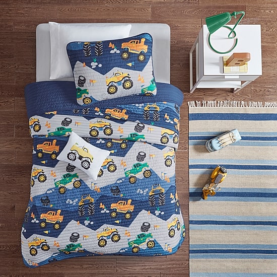 Intelligent Design Gavin Monster Truck Reversible Quilt Set With Throw Pillow