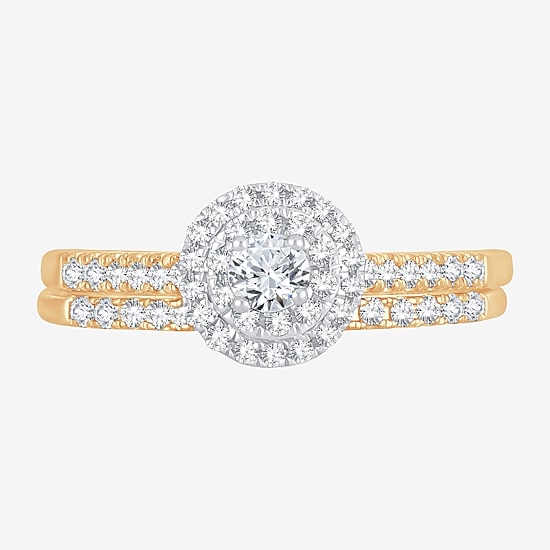 Round 1/2 CT.T.W. Natural Diamond Side Stone Halo Bridal Set in 10K or 14K Gold