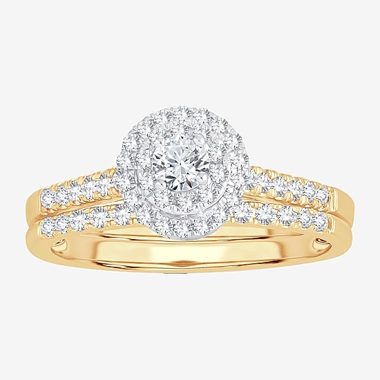 Round 1/2 CT.T.W. Natural Diamond Side Stone Halo Bridal Set in 10K or 14K Gold