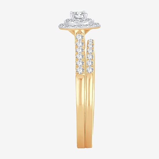 Round 1/2 CT.T.W. Natural Diamond Side Stone Halo Bridal Set in 10K or 14K Gold