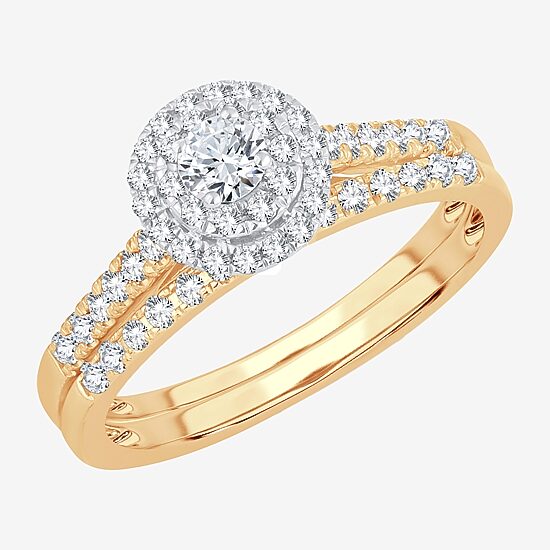 Round 1/2 CT.T.W. Natural Diamond Side Stone Halo Bridal Set in 10K or 14K Gold