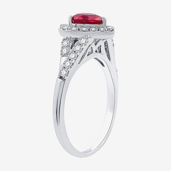 Yes, Please! Womens Lab Created Red Ruby Sterling Silver Heart Halo Side Stone Cocktail Ring