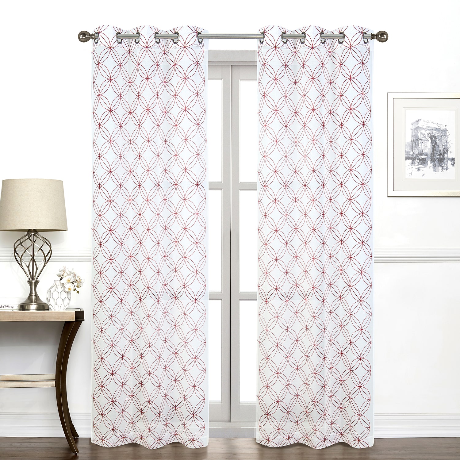 Regal Home Perth Geometric Embroidery Grommet Top Sheer Set of 2 Curtain Panel