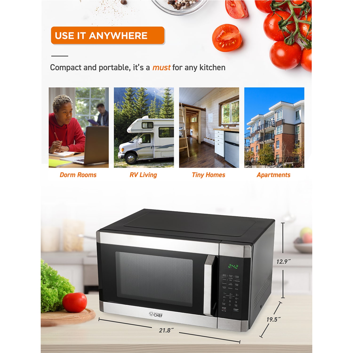 COMMERCIAL CHEF 1.6 Cu. Ft. Countertop Microwave with Touch Controls & 10 Power Levels