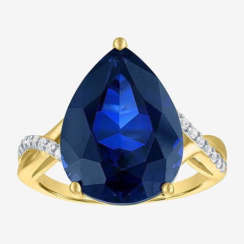 Womens Lab Created Blue Sapphire 14K Gold Over Silver Pear Side Stone Cocktail Ring, 8, Blue