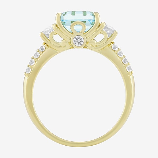 Womens Simulated Blue Aquamarine 14K Gold Over Silver Side Stone Cocktail Ring