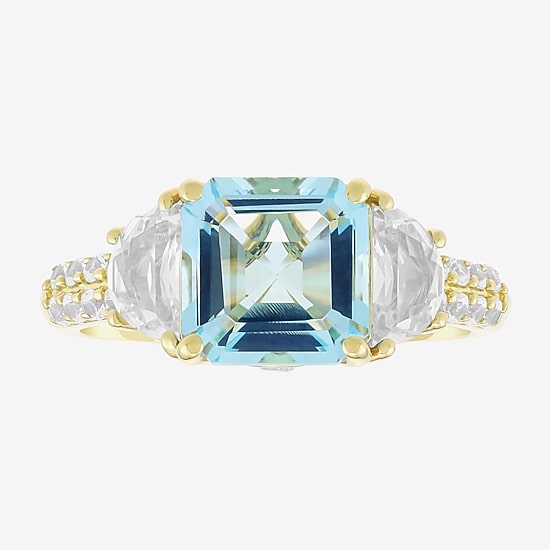 Womens Simulated Blue Aquamarine 14K Gold Over Silver Side Stone Cocktail Ring