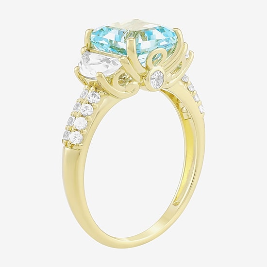 Womens Simulated Blue Aquamarine 14K Gold Over Silver Side Stone Cocktail Ring
